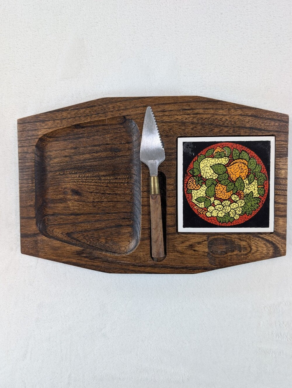 Vintage 70s Japanese Wood‎ Cheese Board Tile Inlay & Knife Mid Century MCM